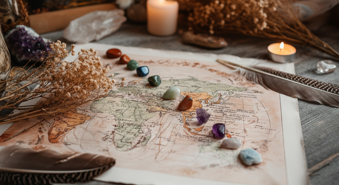 A vintage world map spread out with coloured crystals symbolising chakra alignment, reflecting the transformational journey in the Roadmap to Your Dream Life course.