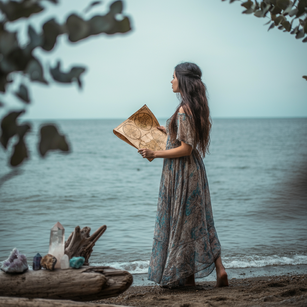 A woman in a flowing bohemian dress standing by the ocean, embodying freedom and soul alignment on the Gold Coast.