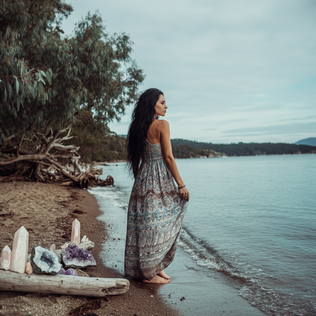 A woman in a flowing bohemian dress on a Gold Coast beach, standing beside driftwood adorned with crystals, symbolising grounded energy and manifestation.