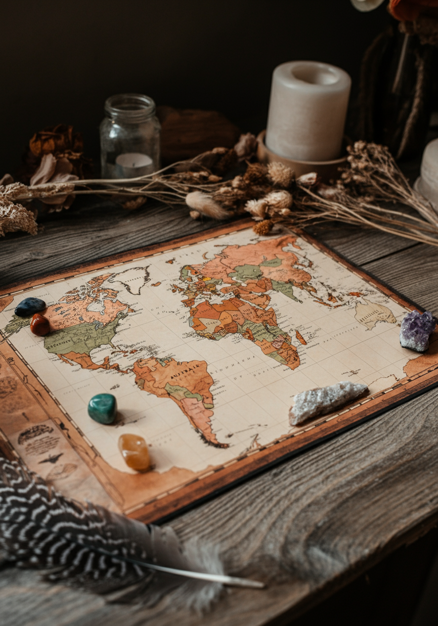 Wooden world map adorned with crystals, symbolising global potential and embodied manifestation through Anika’s SoulShine teachings.