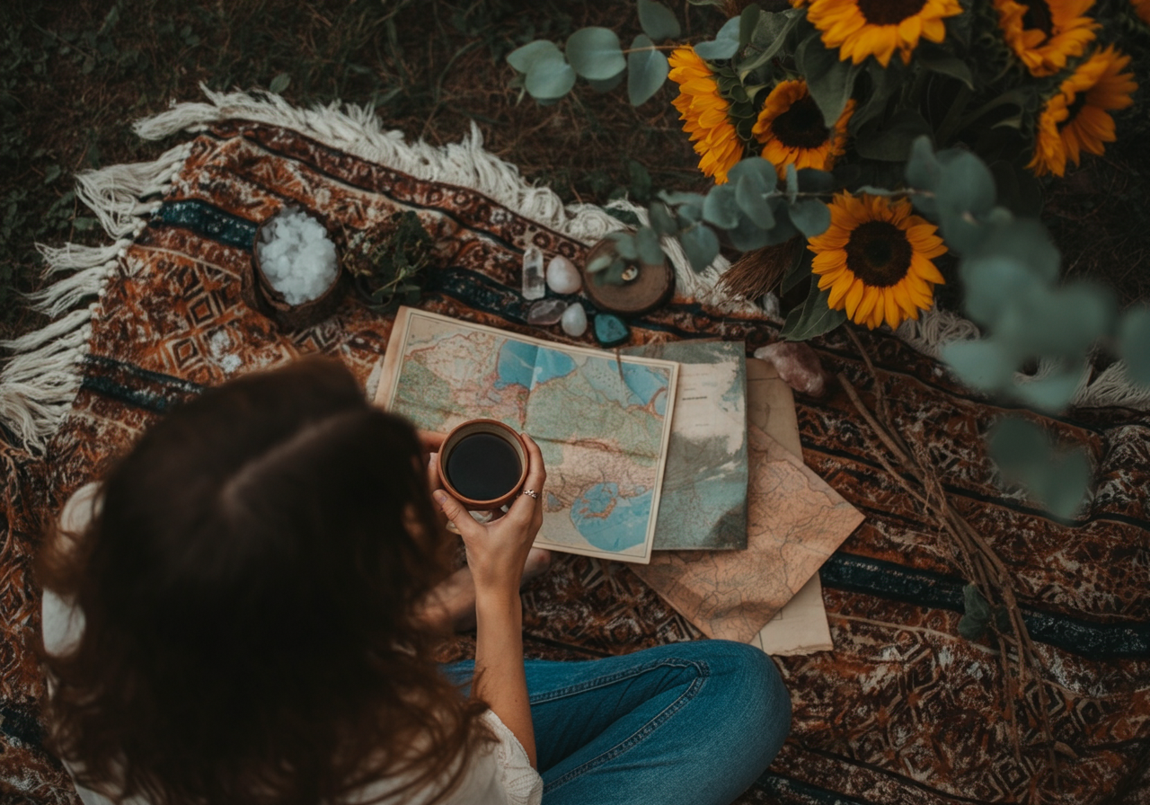 Journal and crystals set beside sunflowers, illustrating nature-inspired manifestation rituals and daily self-reflection