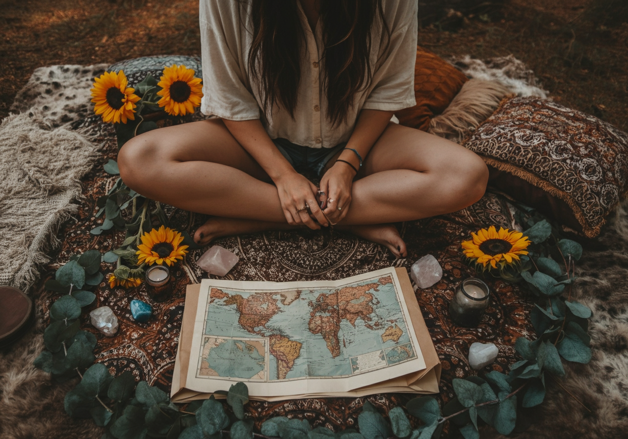 Woman seated on a mat surrounded by a world map, crystals, and sunflowers, symbolising global potential and the power of SoulShine manifestation coaching