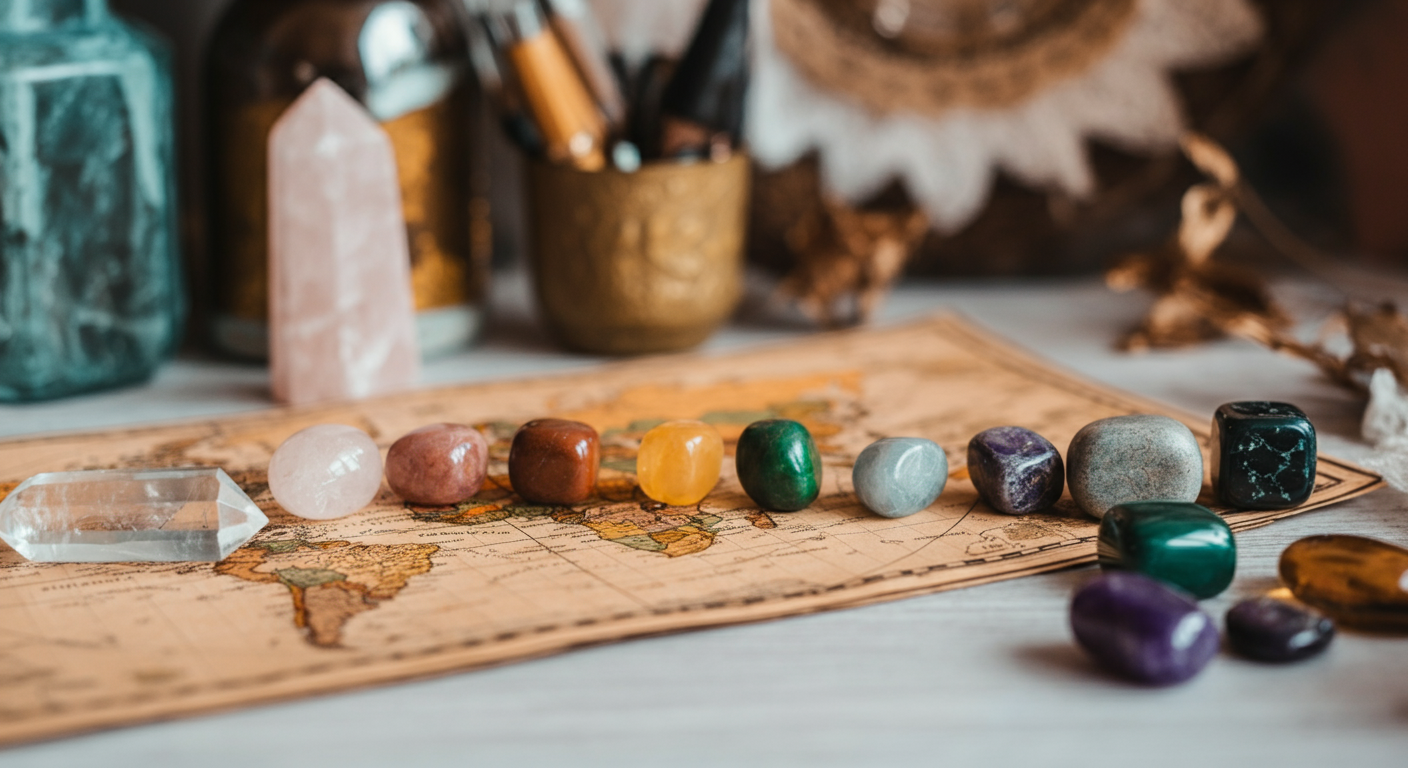 A vintage world map spread out with coloured crystals symbolising chakra alignment, reflecting the transformational journey in the Roadmap to Your Dream Life course.