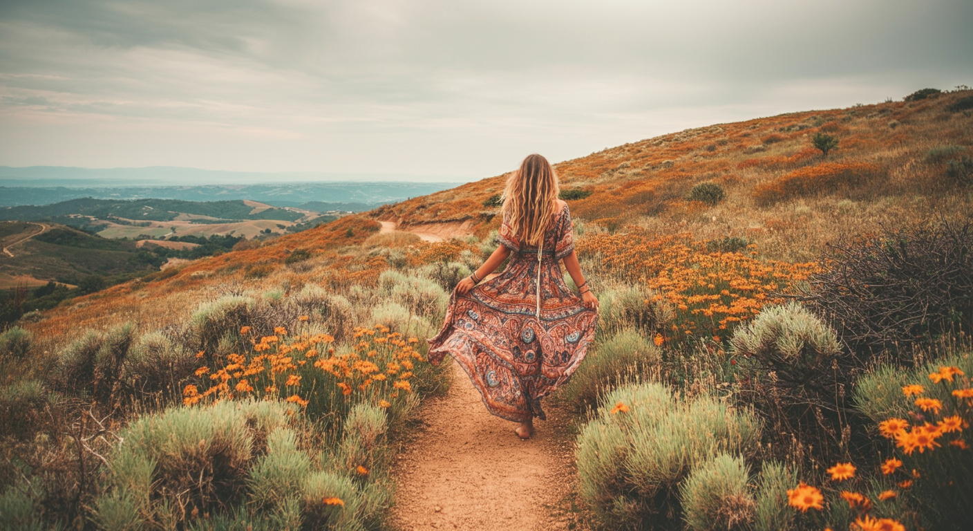 Woman in a flowing dress standing in nature, symbolising transformation and the journey from feeling stuck to living a dream life.