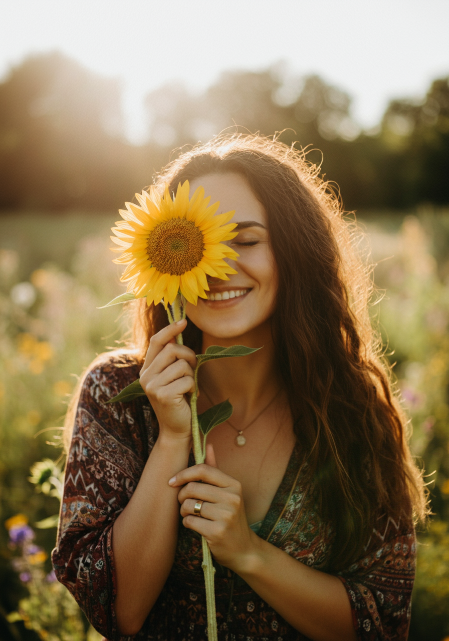 Smiling woman holding a vibrant sunflower near her face, representing joyful transformation and self-empowerment through 1:1 coaching